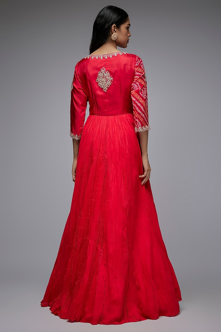 Red Georgette & Silk Bandhani Printed Angrakha Engagement Gown by Siddhartha Daga at Pernia's Pop Up Shop