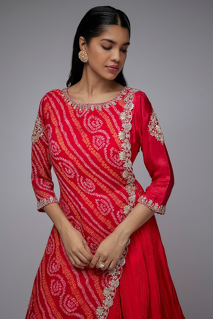 Red Georgette & Silk Bandhani Printed Angrakha Engagement Gown by Siddhartha Daga at Pernia's Pop Up Shop