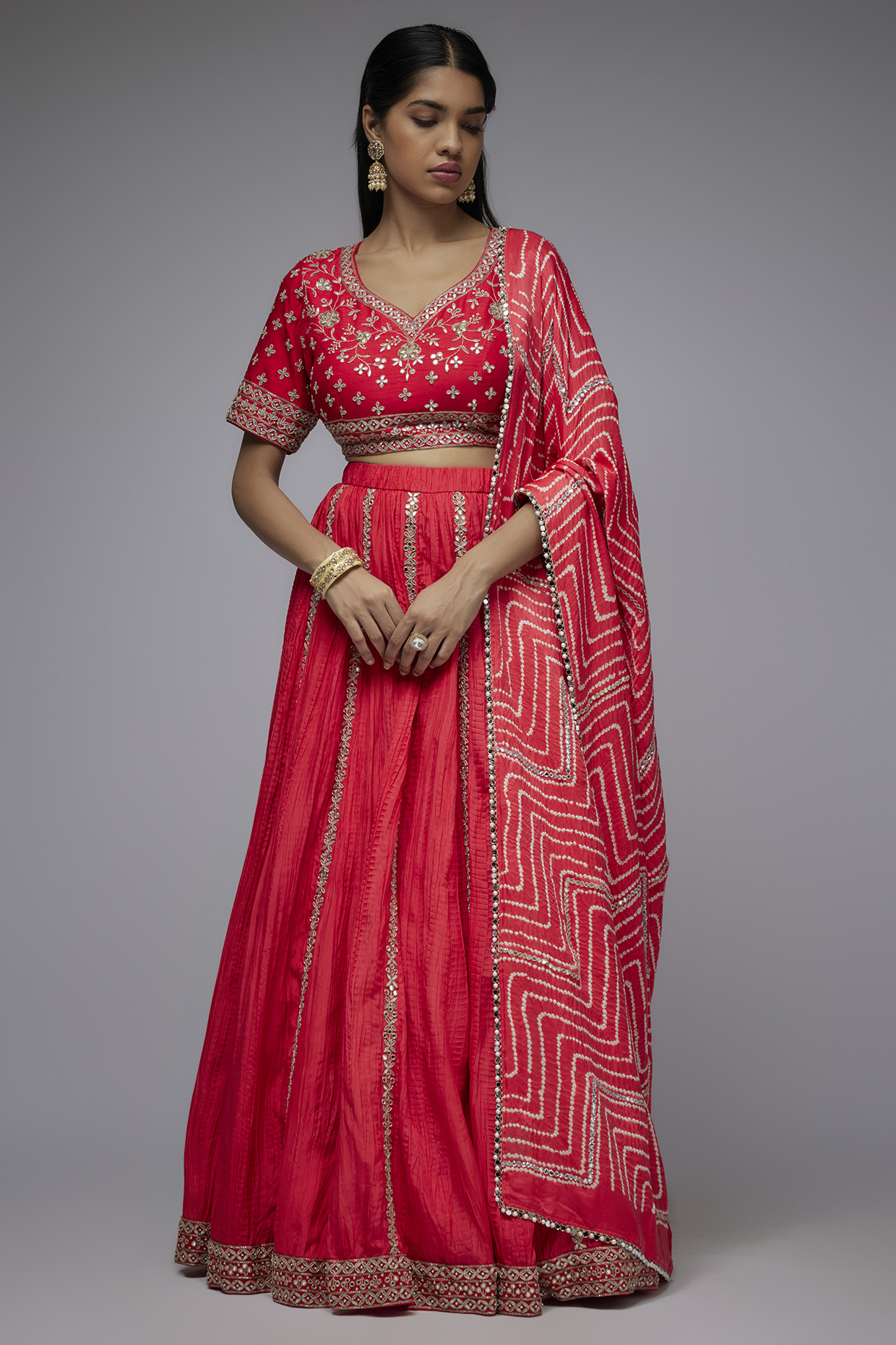 Coral Silk Crushed Wedding Lehenga Set by Siddhartha Daga at Pernia's Pop Up Shop