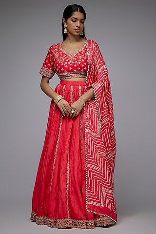 Coral Silk Crushed Lehenga Set by Siddhartha Daga