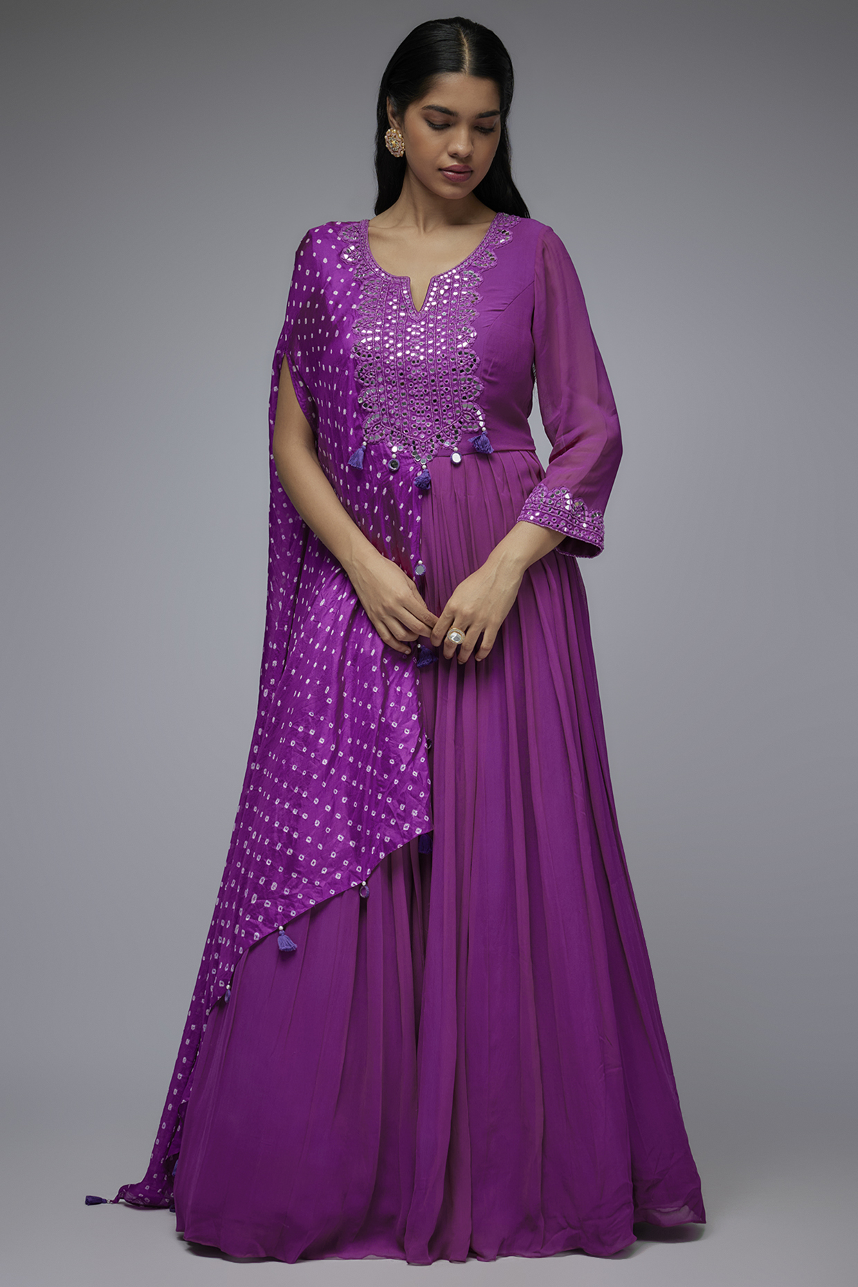 Purple Georgette & Silk Bandhani Printed Party Wear Gown by Siddhartha Daga at Pernia's Pop Up Shop