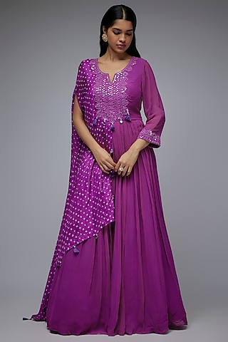 Purple Georgette & Silk Bandhani Printed Gown by Siddhartha Daga