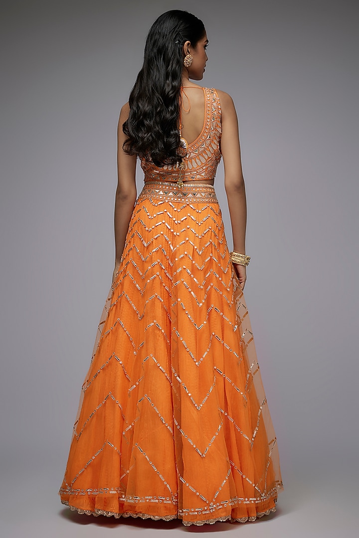 Orange Net & Silk Crushed Overlay Wedding Lehenga Set by Siddhartha Daga at Pernia's Pop Up Shop
