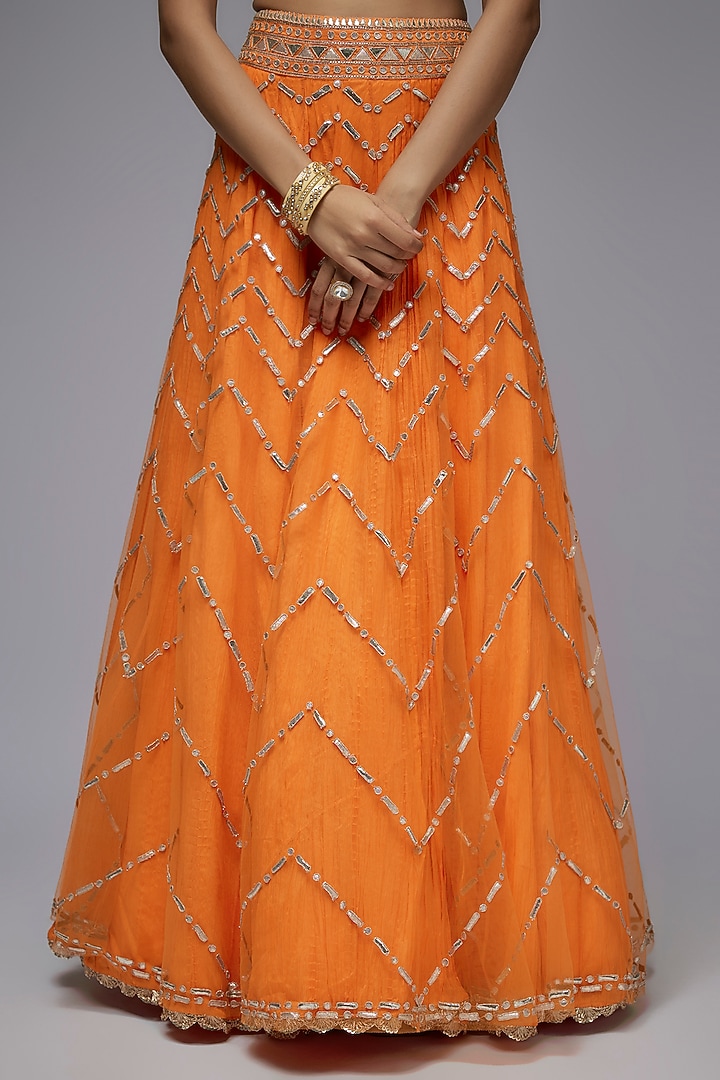 Orange Net & Silk Crushed Overlay Wedding Lehenga Set by Siddhartha Daga at Pernia's Pop Up Shop