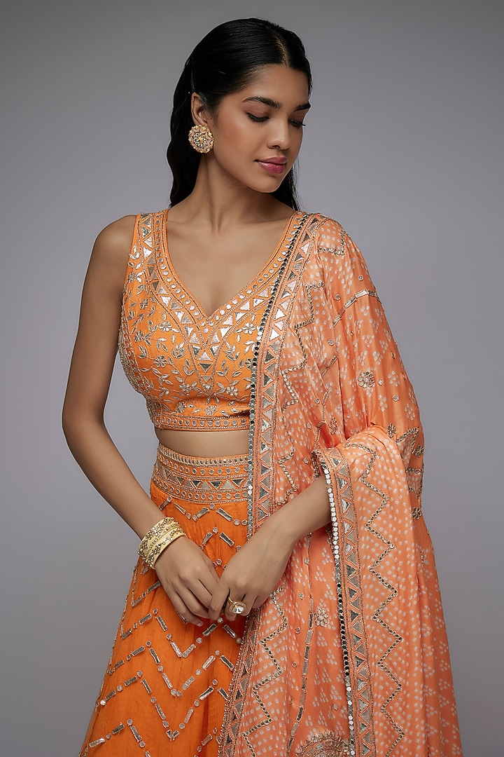 Orange Net & Silk Crushed Overlay Wedding Lehenga Set by Siddhartha Daga at Pernia's Pop Up Shop