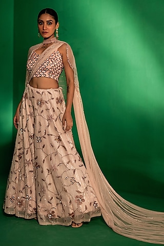 Dusty Pink Tulle Floral Sequins Embroidered Lehenga Set by Siddhartha Daga