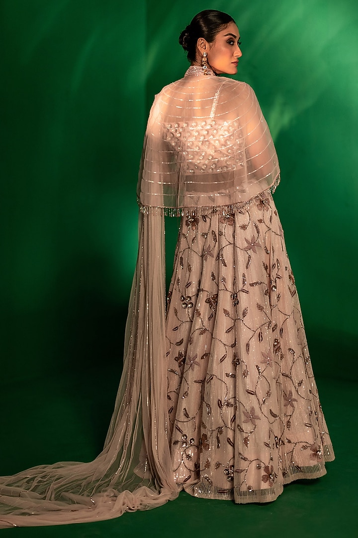 Dusty Pink Tulle Floral Sequins Embroidered Wedding Lehenga Set by Siddhartha Daga at Pernia's Pop Up Shop
