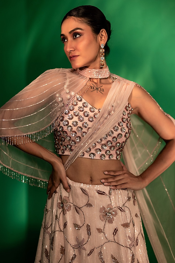 Dusty Pink Tulle Floral Sequins Embroidered Wedding Lehenga Set by Siddhartha Daga at Pernia's Pop Up Shop