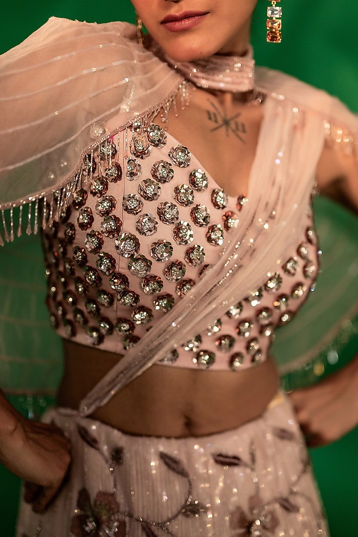 Dusty Pink Tulle Floral Sequins Embroidered Wedding Lehenga Set by Siddhartha Daga at Pernia's Pop Up Shop