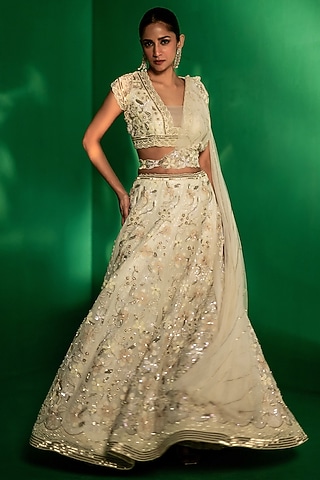 Off-White Organza Sequins Embroidered Lehenga Set by Siddhartha Daga