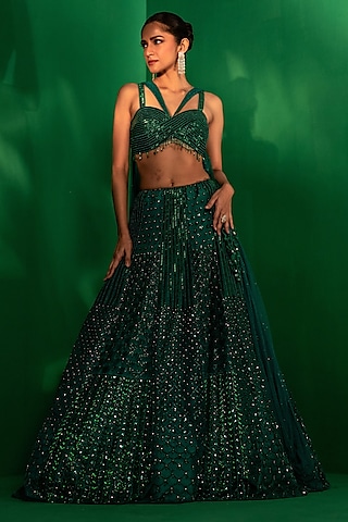 Green Tulle Sequins Embroidered Lehenga Set by Siddhartha Daga