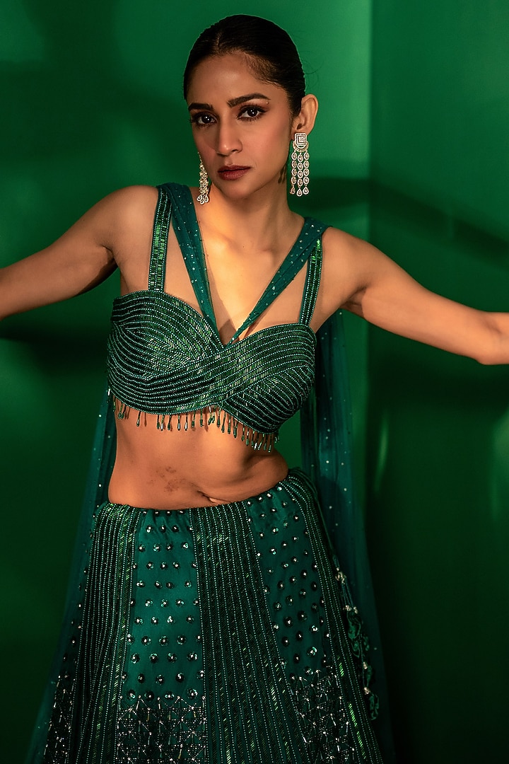 Green Tulle Sequins Embroidered Wedding Lehenga Set by Siddhartha Daga at Pernia's Pop Up Shop