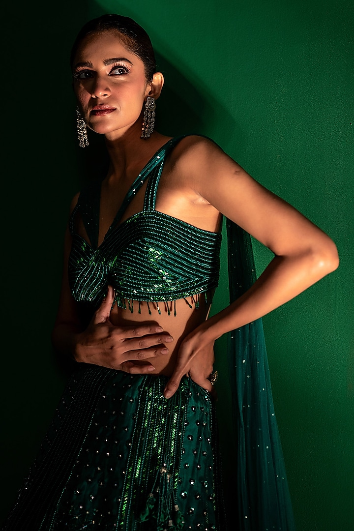 Green Tulle Sequins Embroidered Wedding Lehenga Set by Siddhartha Daga at Pernia's Pop Up Shop