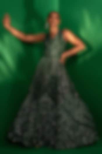 Green Organza Cutdana & Sequins Embroidered Backless Wedding Gown by Siddhartha Daga at Pernia's Pop Up Shop