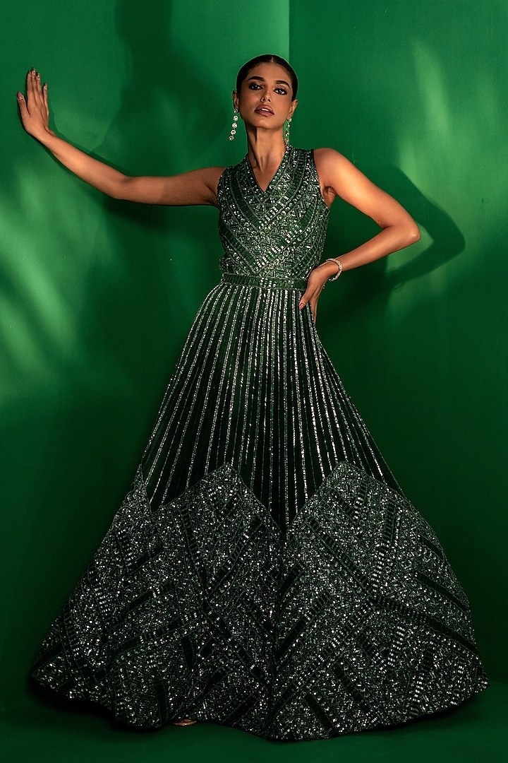 Green Organza Cutdana & Sequins Embroidered Backless Wedding Gown by Siddhartha Daga at Pernia's Pop Up Shop