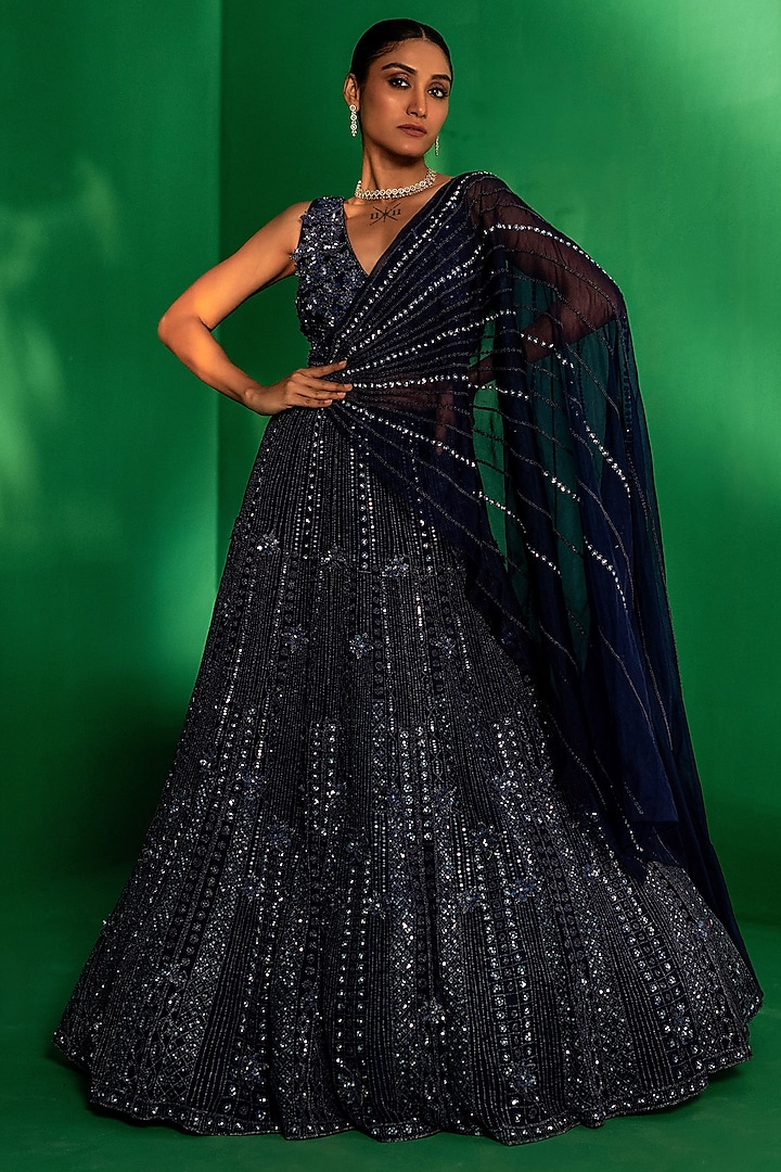 Blue Organza Geometrical Bead Embroidered Bridal lehenga for 22 Lehenga Set by Siddhartha Daga at Pernia's Pop Up Shop