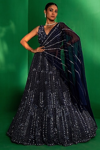 Blue Organza Geometrical Bead Embroidered Lehenga Set by Siddhartha Daga