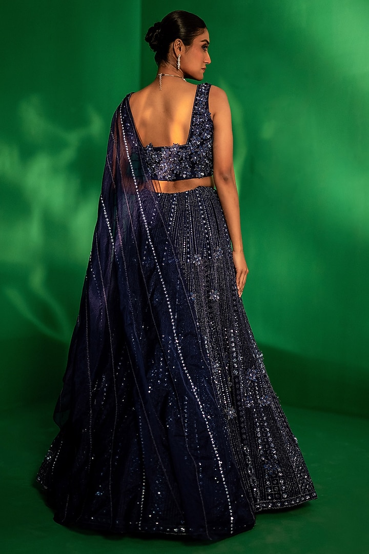 Blue Organza Geometrical Bead Embroidered Bridal Lehenga Set by Siddhartha Daga at Pernia's Pop Up Shop
