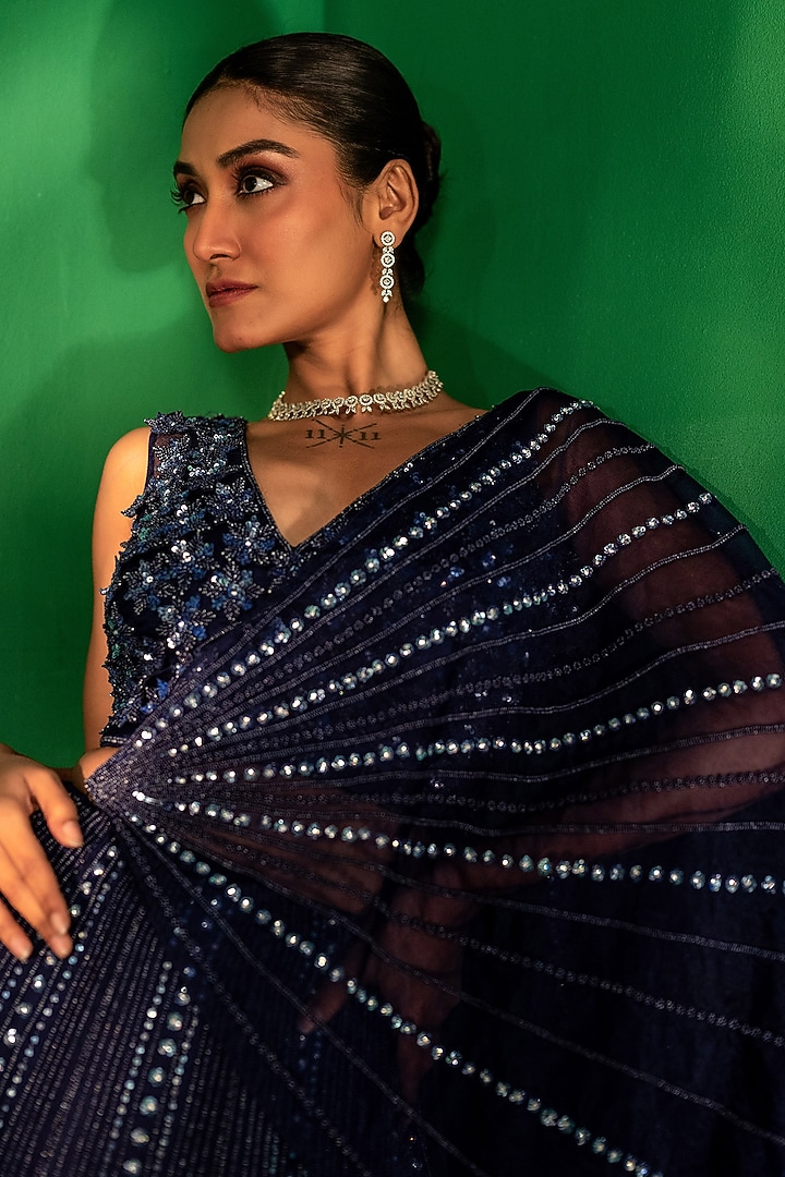 Blue Organza Geometrical Bead Embroidered Bridal Lehenga Set by Siddhartha Daga at Pernia's Pop Up Shop