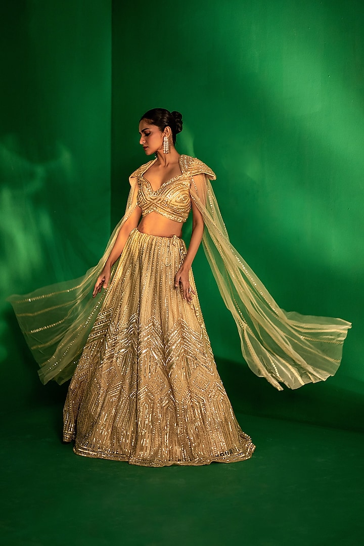 Golden Tulle Cutdana Embroidered Bridal lehenga for 22 Lehenga Set by Siddhartha Daga at Pernia's Pop Up Shop