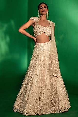 Soft Pink Tulle Cutdana & Floral Embroidered Lehenga Set by Siddhartha Daga