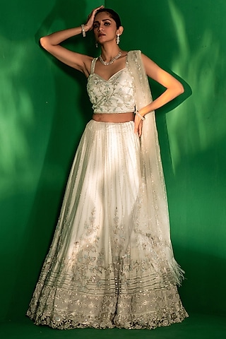Ice Blue Tulle Applique Work Lehenga Set by Siddhartha Daga