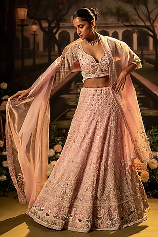 Pink Organza Pearl Embellished Lehenga Set by Siddhartha Daga