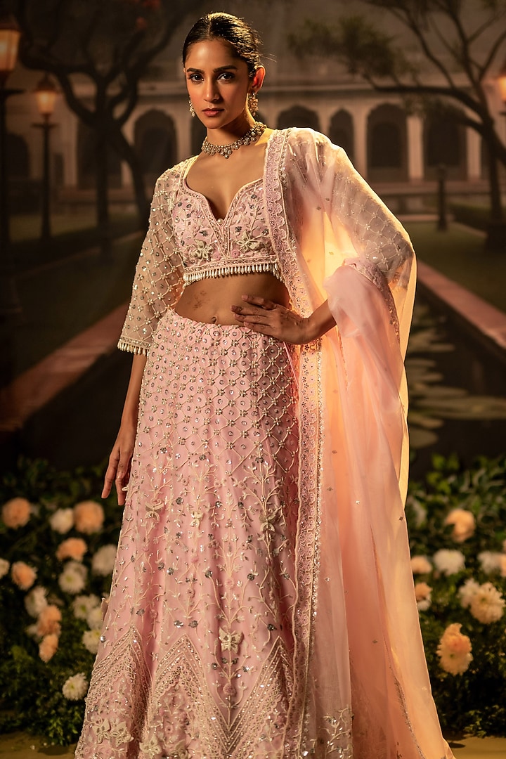 Pink Organza Pearl Embellished Bridal Lehenga Set by Siddhartha Daga at Pernia's Pop Up Shop