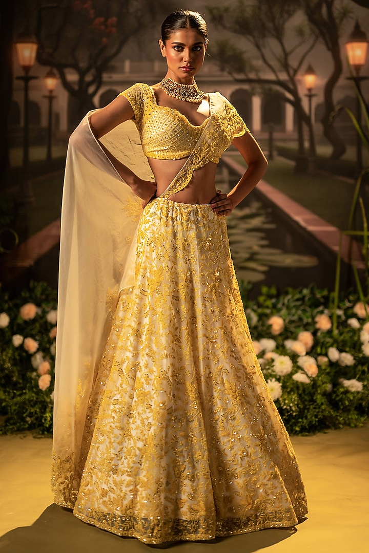 Mustard Organza Beads Embroidered Floral Bridal lehenga for 22 Lehenga Set by Siddhartha Daga at Pernia's Pop Up Shop