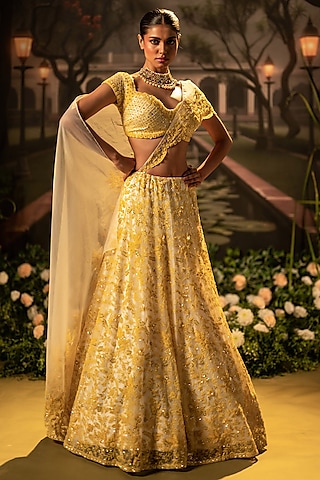 Mustard Organza Beads Embroidered Floral Lehenga Set by Siddhartha Daga