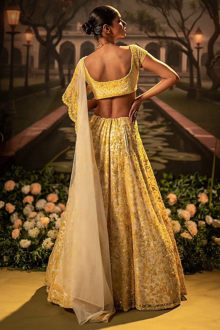 Mustard Organza Beads Embroidered Floral Bridal Lehenga Set by Siddhartha Daga at Pernia's Pop Up Shop