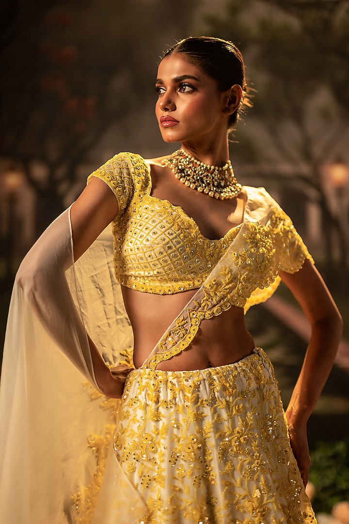 Mustard Organza Beads Embroidered Floral Bridal Lehenga Set by Siddhartha Daga at Pernia's Pop Up Shop