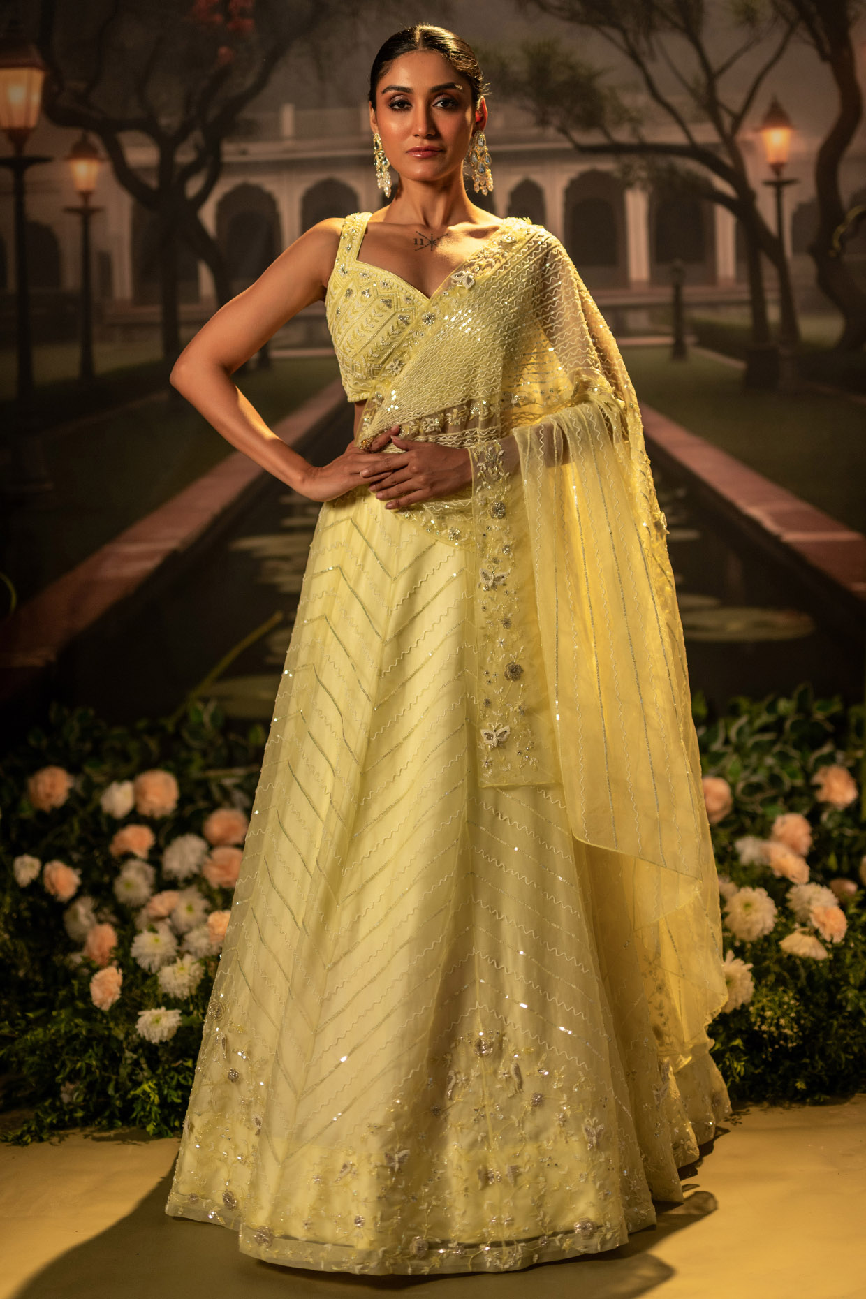 Lemon Yellow Organza Sequins Embroidered Wedding Lehenga Set by Siddhartha Daga at Pernia's Pop Up Shop