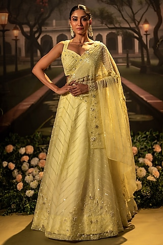 Lemon Yellow Organza Sequins Embroidered Lehenga Set by Siddhartha Daga