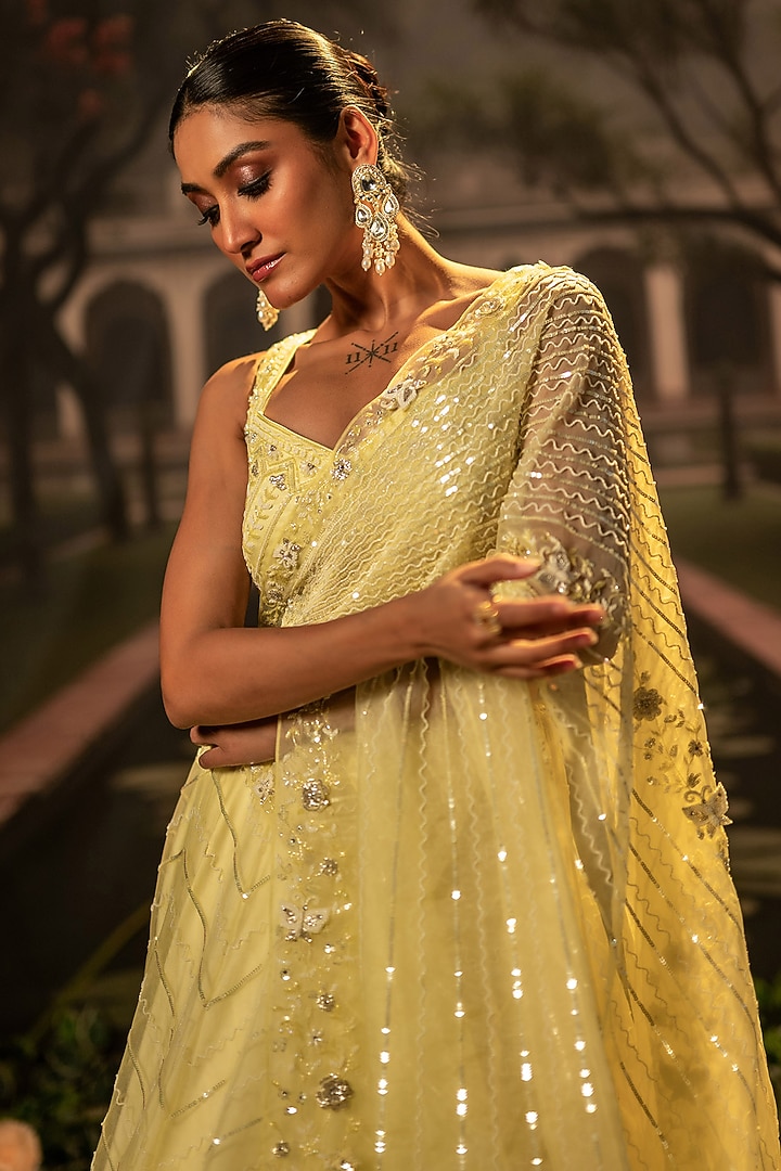Lemon Yellow Organza Sequins Embroidered Wedding Lehenga Set by Siddhartha Daga at Pernia's Pop Up Shop