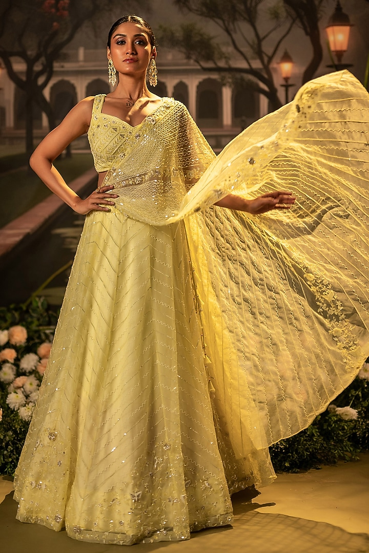Lemon Yellow Organza Sequins Embroidered Wedding Lehenga Set by Siddhartha Daga at Pernia's Pop Up Shop