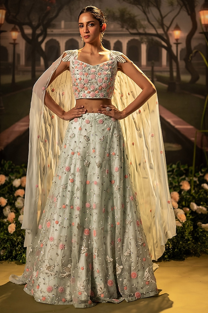 Powder Blue Organza Floral Bead Work  dulhan bday 22 may Lehenga Set by Siddhartha Daga at Pernia's Pop Up Shop