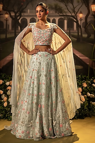 Powder Blue Organza Floral Bead Work Lehenga Set by Siddhartha Daga