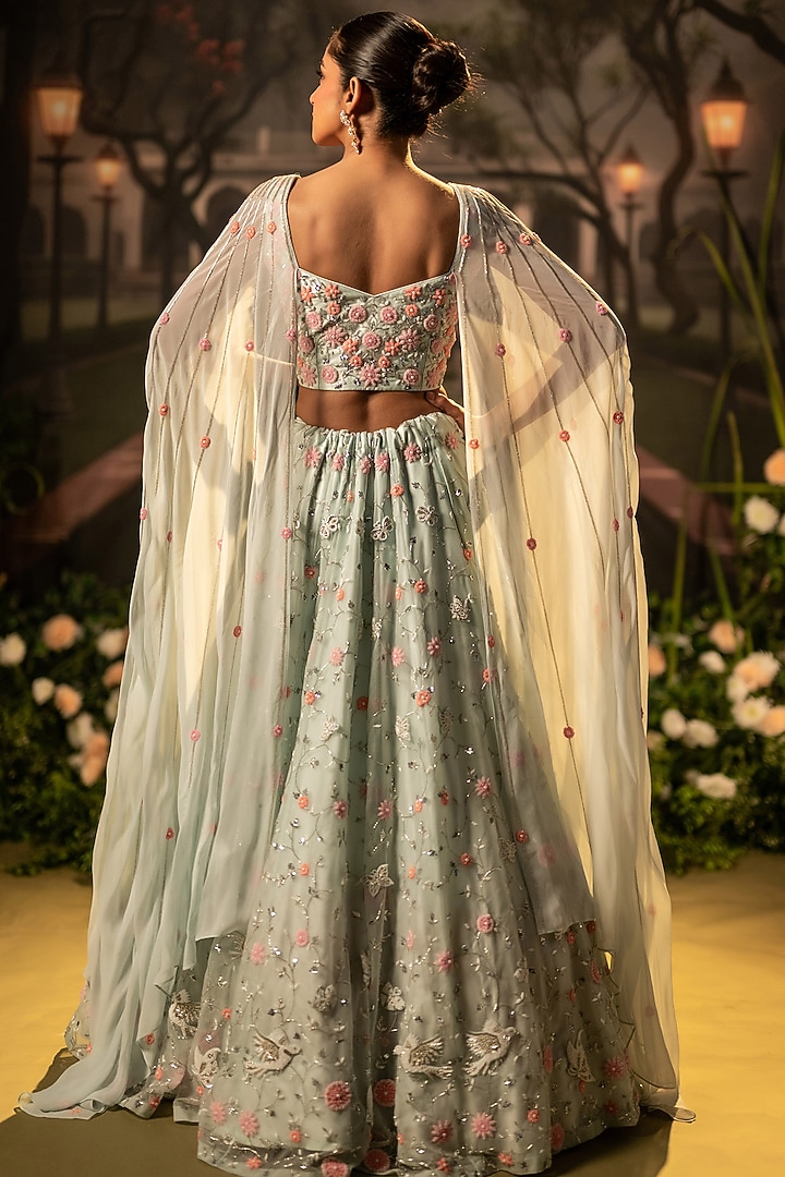 Powder Blue Organza Floral Bead Work Wedding Lehenga Set by Siddhartha Daga at Pernia's Pop Up Shop