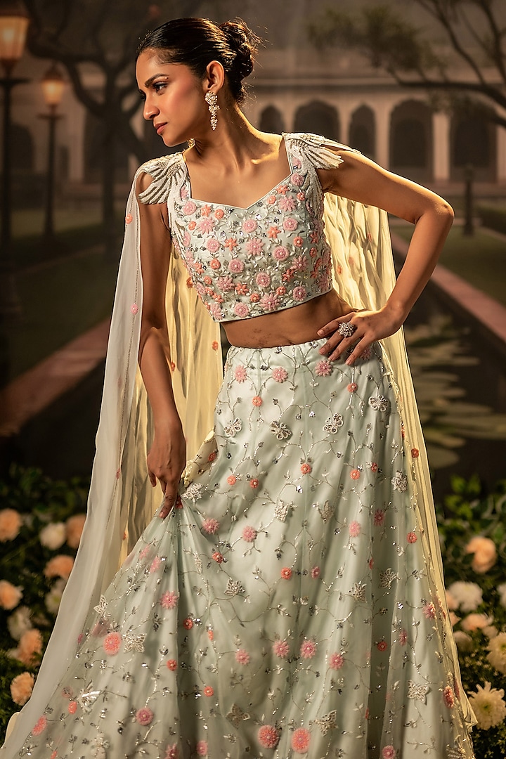 Powder Blue Organza Floral Bead Work Wedding Lehenga Set by Siddhartha Daga at Pernia's Pop Up Shop