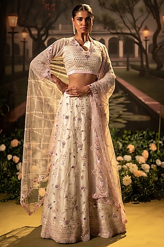 Off-White Organza Sequins Embellished Floral Lehenga Set by Siddhartha Daga