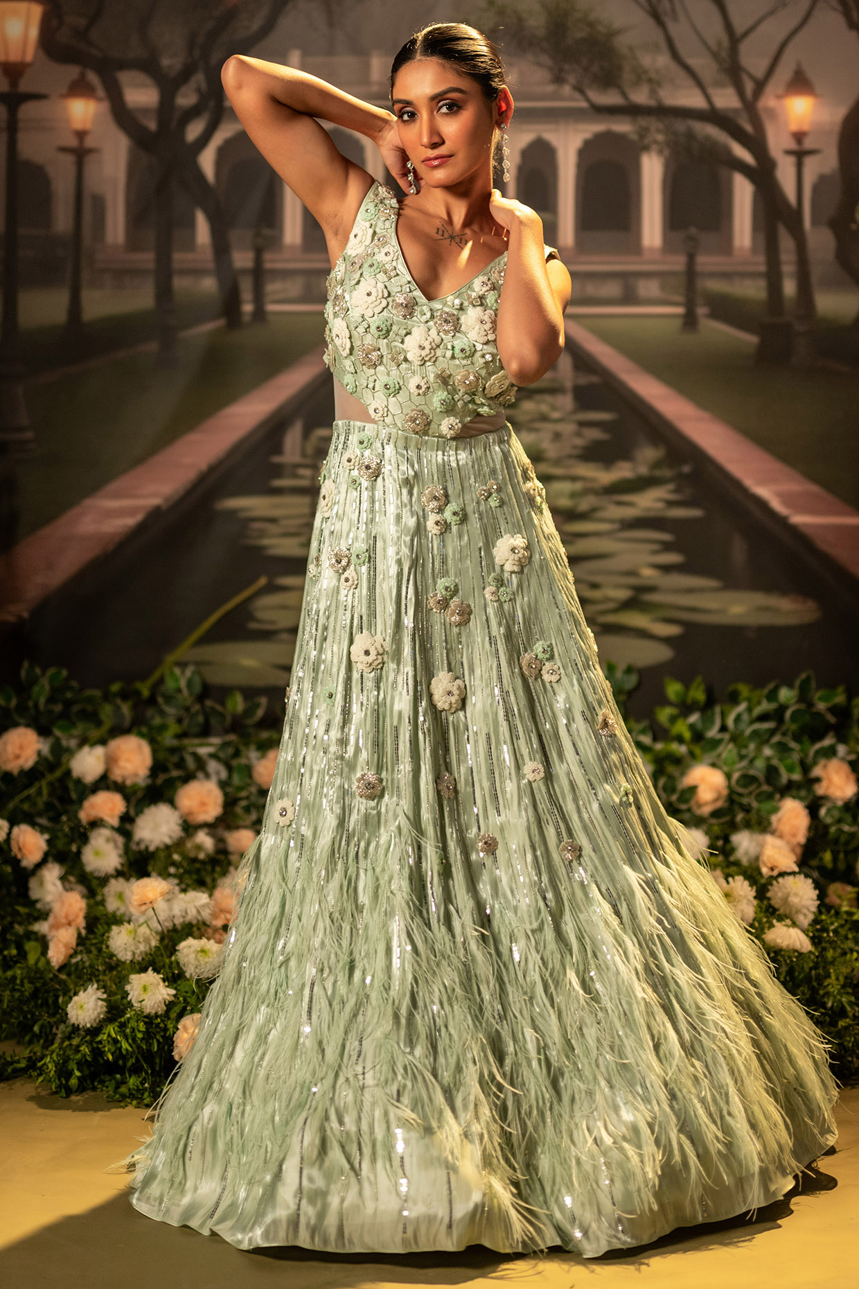Mint Wedding Gown Satin Sequins Embellished Wedding Gown by Siddhartha Daga at Pernia's Pop Up Shop