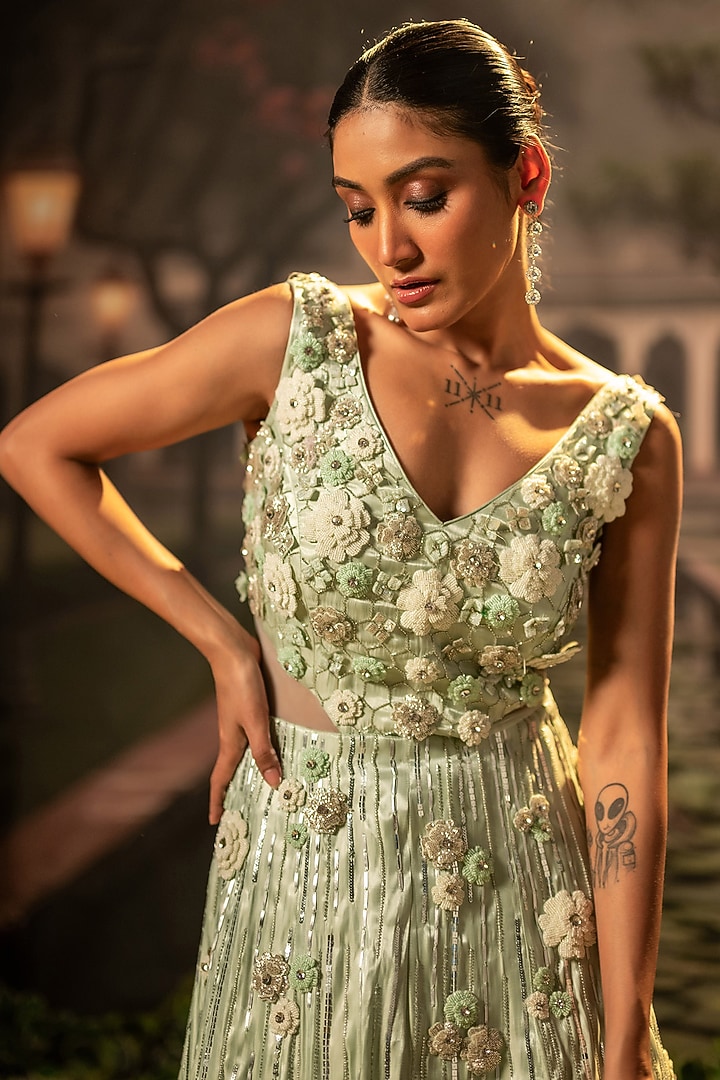 Mint Wedding Gown Satin Sequins Embellished Wedding Gown by Siddhartha Daga at Pernia's Pop Up Shop