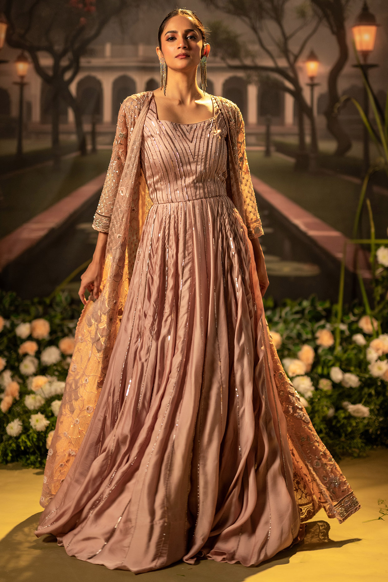 Fawn Organza Sequins Embroidered Wedding Gown With Embroidered Jacket by Siddhartha Daga at Pernia's Pop Up Shop