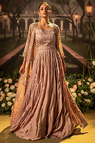 Fawn Organza Sequins Embroidered Gown With Embroidered Jacket by Siddhartha Daga