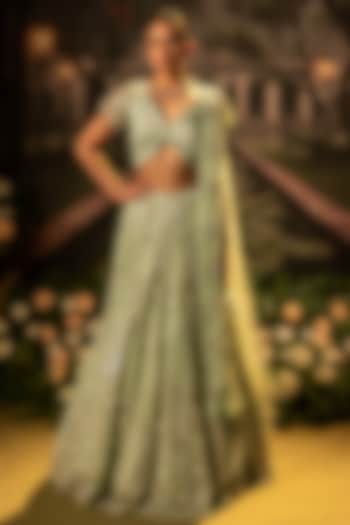 Mint Tulle Cutdana & Beads Embellished Bridal lehenga for 22 Lehenga Set by Siddhartha Daga at Pernia's Pop Up Shop