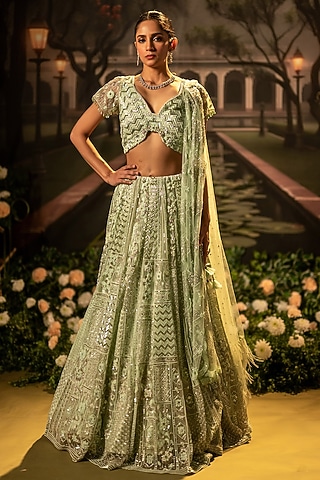 Mint Tulle Cutdana & Beads Embellished Lehenga Set by Siddhartha Daga