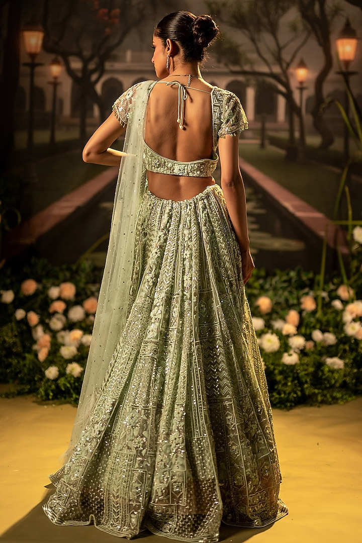 Mint Tulle Cutdana & Beads Embellished Bridal Lehenga Set by Siddhartha Daga at Pernia's Pop Up Shop