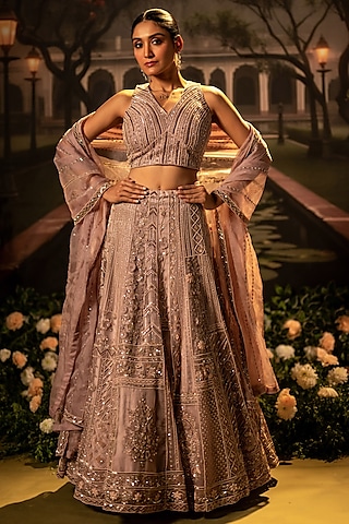 Fawn Organza Cutdana Embroidered Box-Style Lehenga Set by Siddhartha Daga