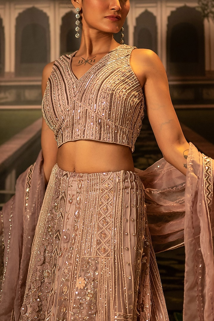 Fawn Organza Cutdana Embroidered Box-Style Bridal Lehenga Set by Siddhartha Daga at Pernia's Pop Up Shop